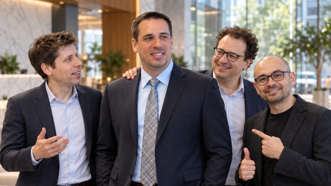 An AI-generated, fictional photo of Robert Myroniuk in a bright office lobby, flanked by three smiling men in business dress who point at him and give a thumbs up.